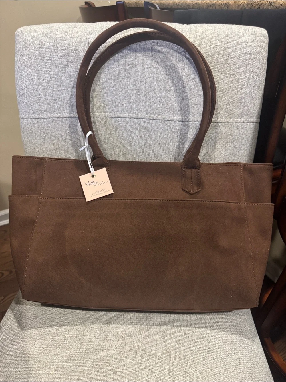 Mali+Lili Brown Faux Suede Tote Bag with Double Top Handles And Pockets. NWT